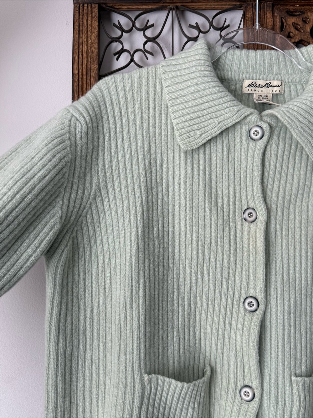 L.L. Bean 100% lambswool Green Ribbed Button-Up Sweater - Picture 3 of 7